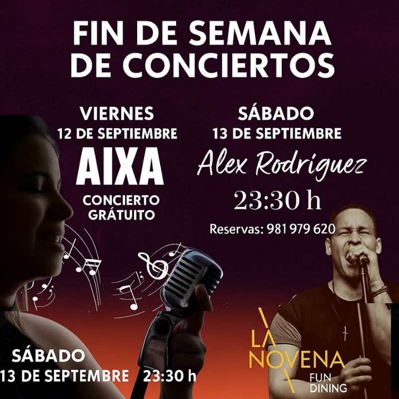 Cartel promocional de La Novena Fun Dining anunciando conciertos de Aixa el viernes 12 de septiembre y Alex Rodríguez el sábado 13 de septiembre a las 23:30.