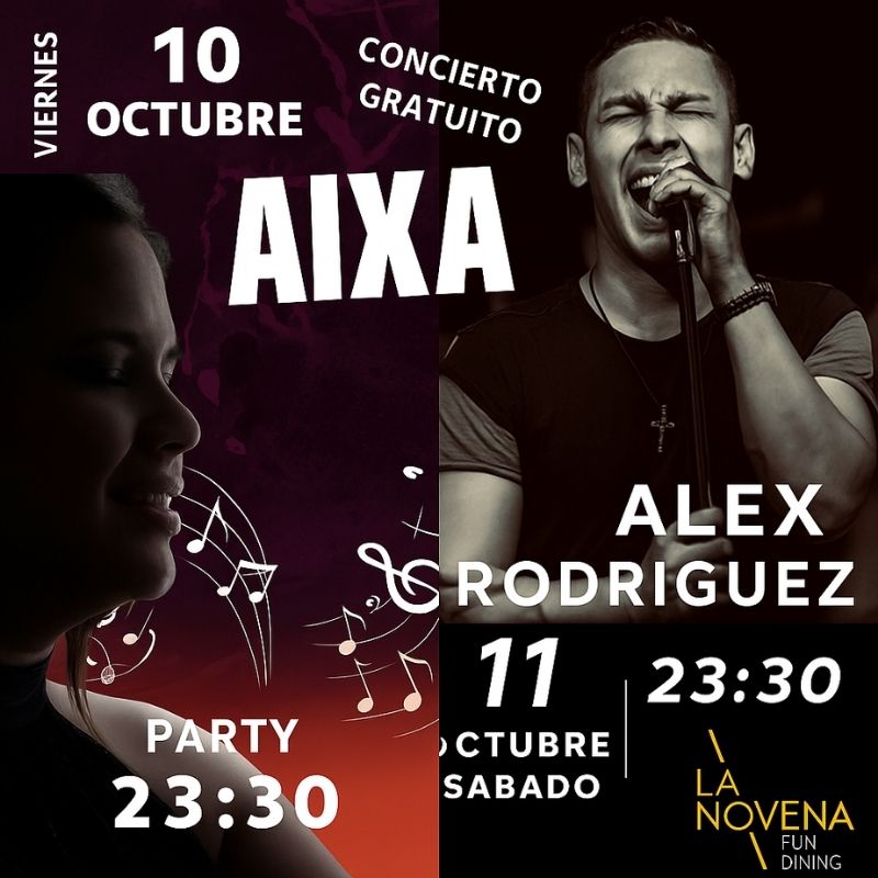 Cartel promocional de los conciertos de Aixa y Alex Rodríguez en La Novena Fun Dining, 10 y 11 de octubre, 23:30 horas.