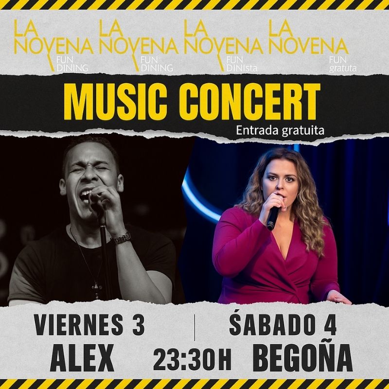 Cartel promocional de conciertos en La Novena Fun Dining. Viernes 3 de octubre canta Álex Rodríguez y sábado 4 de octubre canta Begoña García. Diseño festivo con luces de escenario, micrófono y notas musicales.