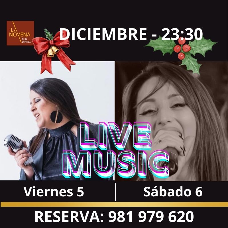 Aixa y Nunzia cantando en directo con micrófono, anuncio del concierto del 5 y 6 de diciembre en La Novena Fun Dining.