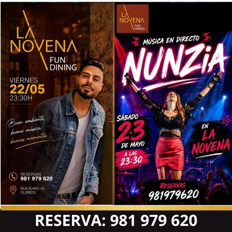 Ángel Sevilla en directo el viernes 22 y Nunzia el sábado 23 en La Novena Fun Dining de Oleiros con música en vivo y ambiente nocturno