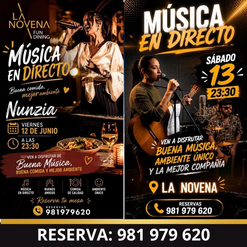 Cartel promocional de música en directo en La Novena Fun Dining con las actuaciones de Nunzia el viernes 12 de junio y Aixa el sábado 13 de junio.