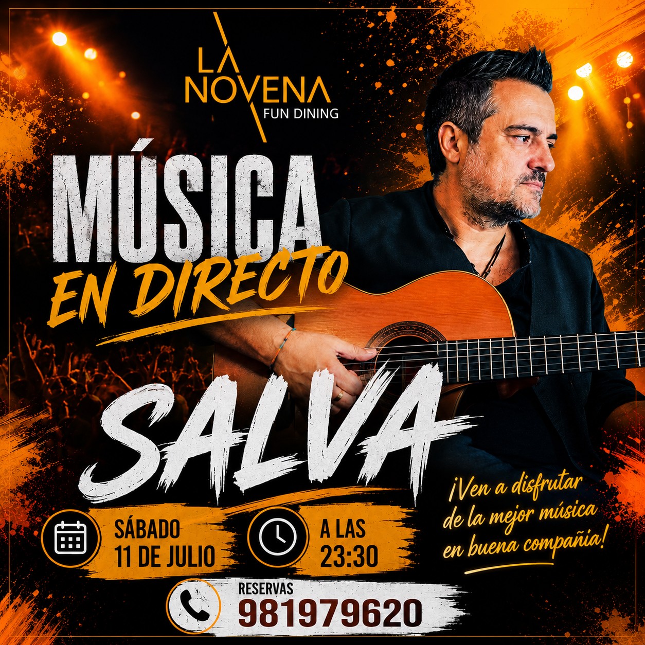 Cartel de música en directo en La Novena con Alda Varez & Richi Ponce el viernes 10 de julio y Salva el sábado 11 de julio.