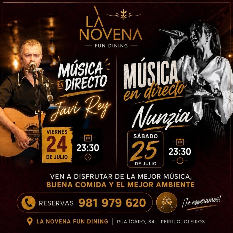 Javi Rey y Nunzia en directo en La Novena Fun Dining el 24 y 25 de julio