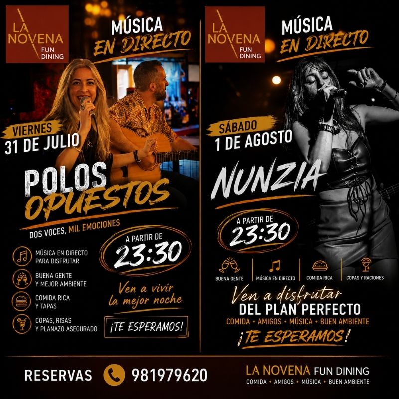 Cartel conjunto de música en directo en La Novena con Polos Opuestos el viernes 31 de julio y Nunzia el sábado 1 de agosto desde las 23:30.