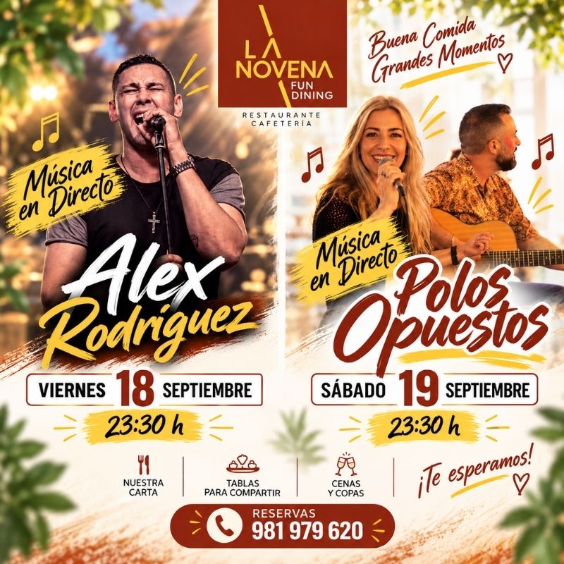 novena-18 y 19 sept- 2026 Música en directo en La Novena con Alex Rodríguez y Polos Opuestos el 18 y 19 de septiembre