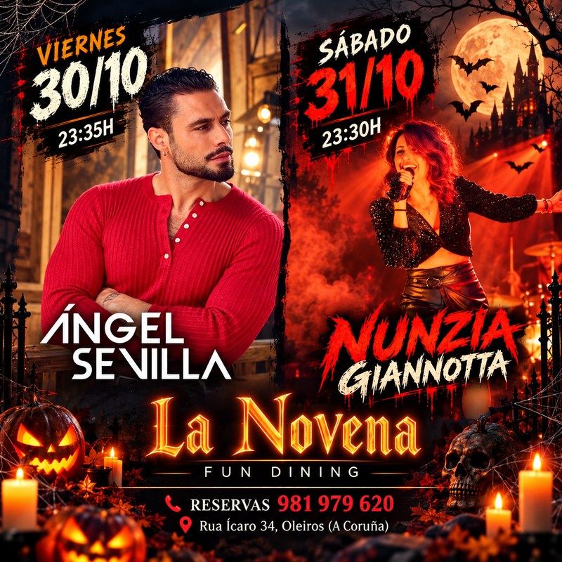 Cartel de Halloween en La Novena Fun Dining con Ángel Sevilla el viernes 30 de octubre y Nunzia Giannotta el sábado 31 de octubre de 2026 en Oleiros.